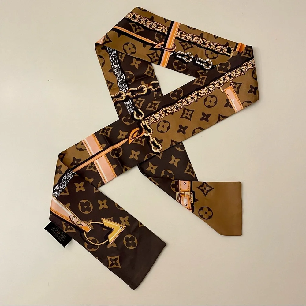 Luxury Monogram Silk Twilly Scarf - Brown & Tan